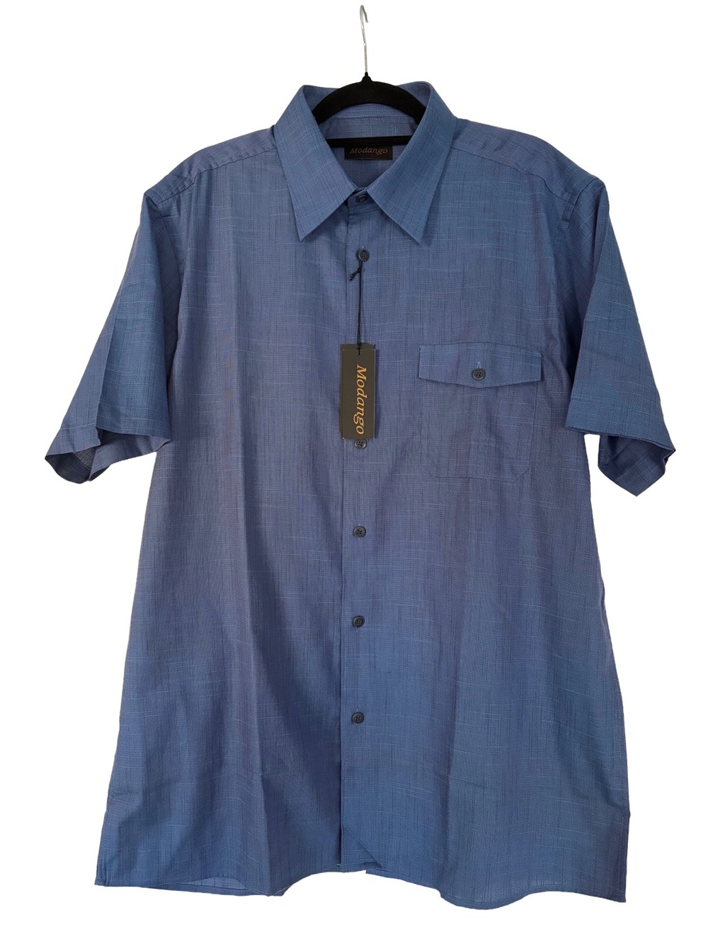Modango Men's Short Sleeve Button Down Shirt - Blue Textured 100% Cotton